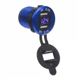 USB nabíječka 12V/24V s voltmetrem - 2x USB hliníková do panelu / modrá