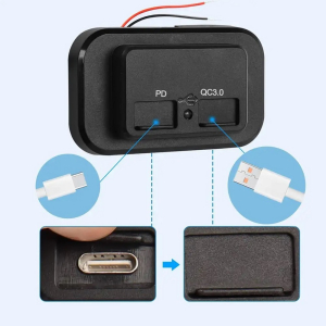 Uchytenie povrchovej 12/24V nabíjačky USB QC3 s USB-C PD zásuvkou