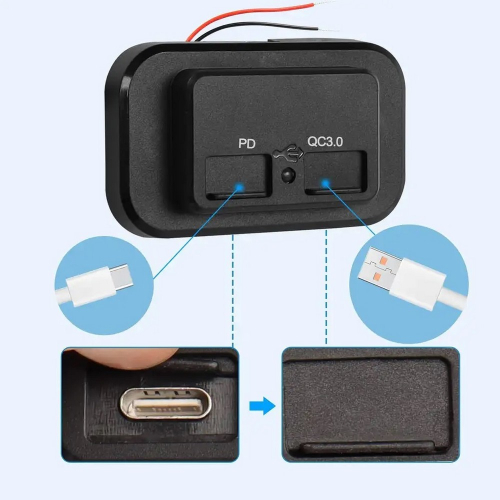 Uchytenie povrchovej 12/24V nabíjačky USB QC3 s USB-C PD zásuvkou