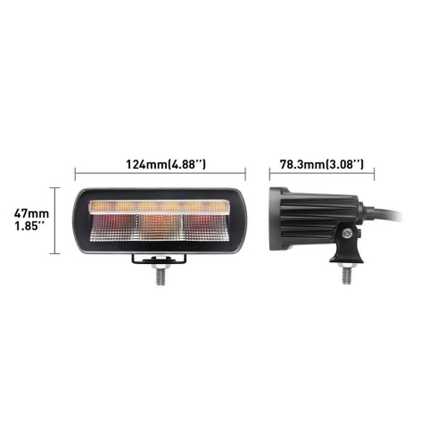 Rozměry sdruženého LED světla s oranžovým predátorem 10-30V,ECER (124x47x78mm)