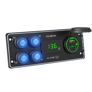 Panel so 4 spínačmi, USB-C PD 30 W, USB-A QC 3.0 a voltmetrom – 12/24 V, 170 × 65 mm Panel so 4 spínačmi, USB-C PD 30 W, USB-A QC 3.0 a voltmetrom – 12/24 V, 170 × 65 mm