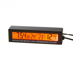 Digitálny autoteplomer - vonkajšia / vnútorná teplota / voltmeter / hodiny / 2 druhy podsvietenia