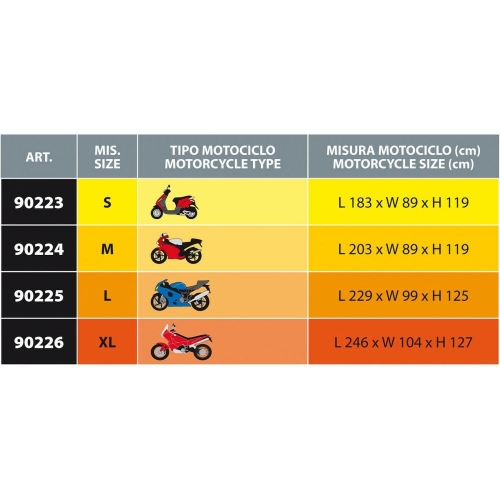 Tabuľka rozmerov plachty na motocykel OPTIMA L