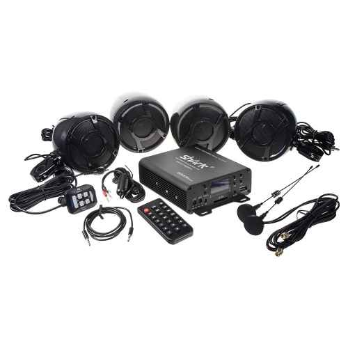4.1CH zvukový systém na motocykel, skúter, ATV, loď s FM, USB, AUX, BT, čierny