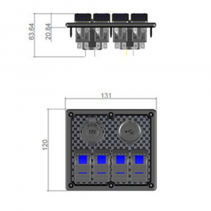 Rozmery multiprepínača s 4x spínač Rocker, CL + USB zásuvka, 12/24V