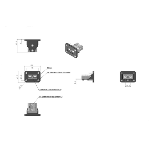 Rozměry 50A Anderson zásuvky do panelu