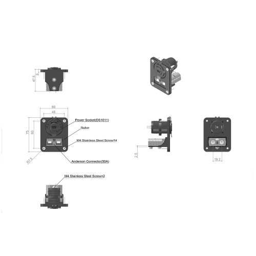 Rozmery 50A 2xUSB/Anderson zásuvky do panelu
