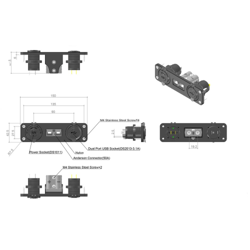 Rozmery dvojitej USB zásuvky do auta s CL zásuvkou a Anderson konektorom