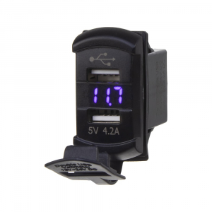 USB zásuvka 12V/24V - 2x USB s voltmetrem Rocker / modré podsvícení