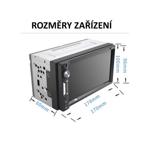 Rozmery 2DIN autorádia s 6,9" LCD, Carplay, Android Auto, Mirror link, Carplay, Bluetooth, USB, microSD