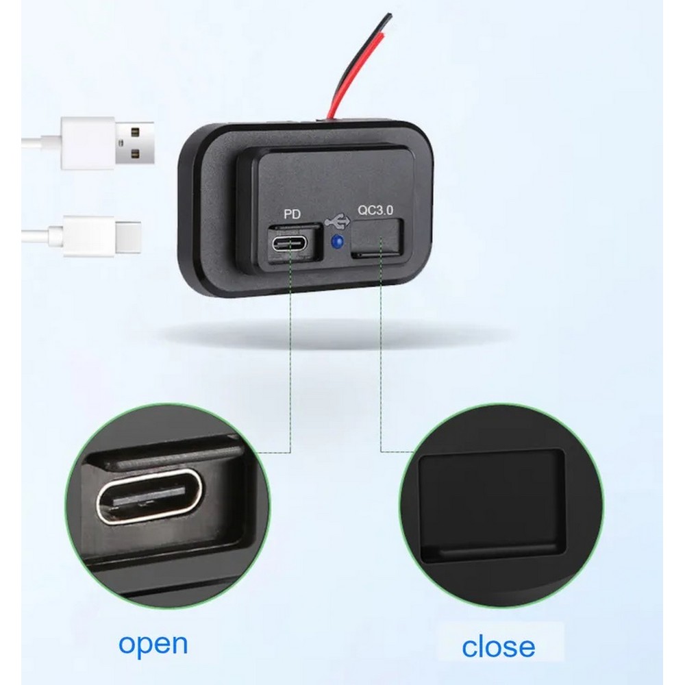 USB nabíječka 12V / 24V - USB QC3.0 + USB-C PD pro povrchovou montáž /  modré podsvícení 