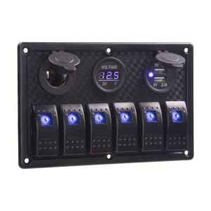 Multiprepínač 12V / 24V - 6x spínač Rocker / CL zásuvka / USB zásuvka / voltmeter