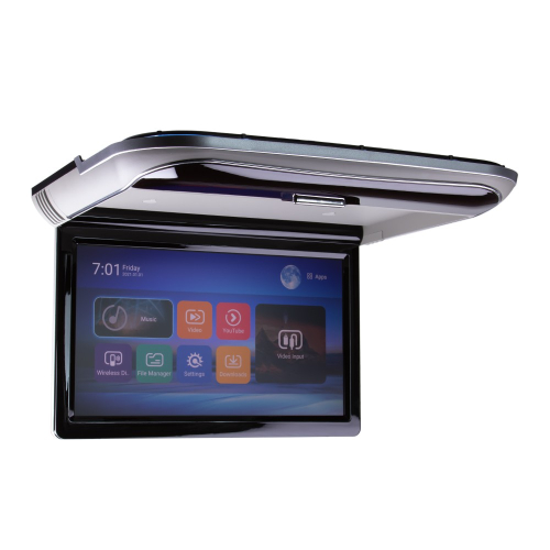 Funkcie šedého stropného LCD monitora 11,6" s OS. Android USB/HDMI/IR/FM, diaľkové ovládanie so snímačom pohybu