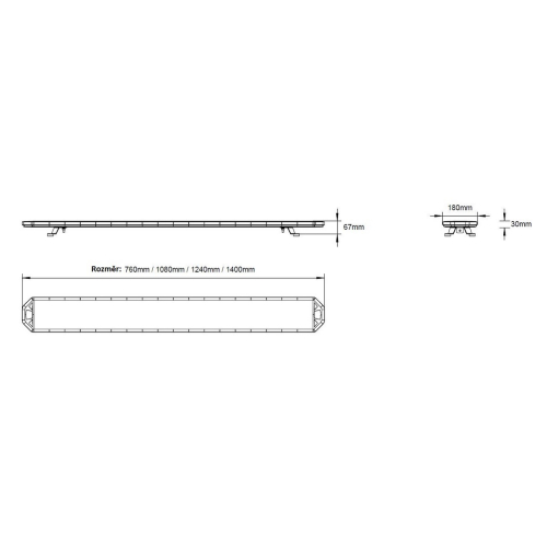 Rozmery bielo-oranžovej LED rampy 10-30V, ECE R65, 760mm