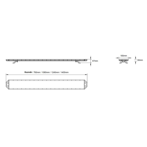 Rozmery bielo-oranžovej LED rampy 10-30V, ECE R65, 1080mm