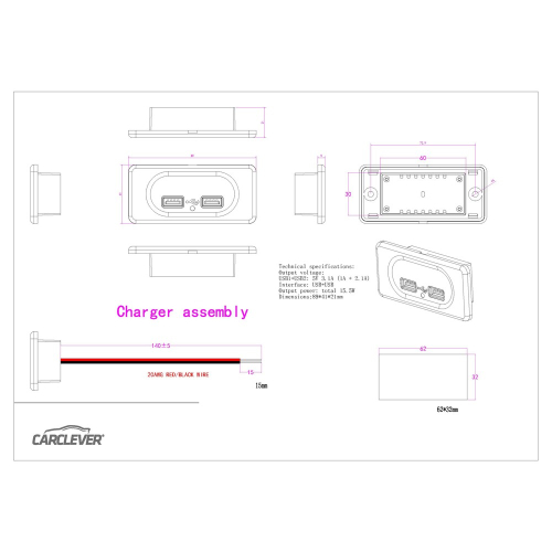 Rozměry dvojité USB nabíječky 12V/24V