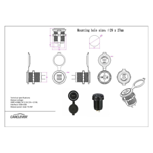 Rozměry kulaté dvojité 12-24V USB zásuvky do otvoru