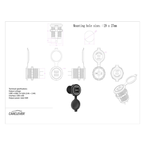 Rozměry kulaté dvojité 12-24V USB zásuvky do otvoru