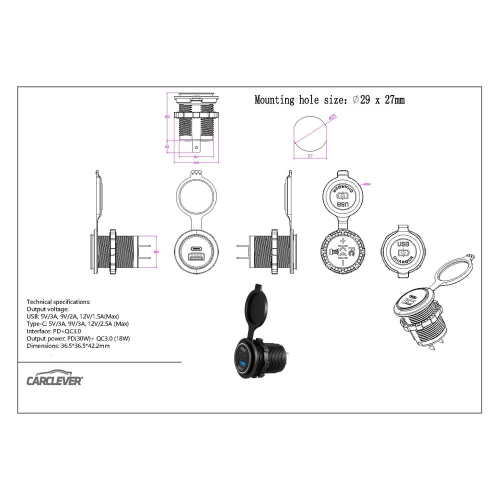 Rozměry kulaté 12/24V dvojité USB QC3.0 + USB-C PD3.0 zásuvky