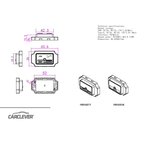 Rozmery 12/24V USB QC3.0 + USB-C PD3.0 nabíjačky 3,1A s vypínačom a povrchovou montážou