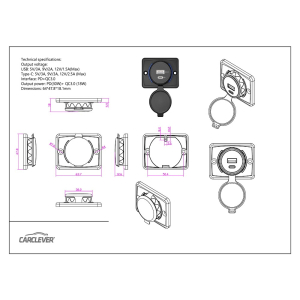 Rozměry 12/24V nabíječky USB QC3.0 + USB-C PD3.0 pro povrchovou montáž