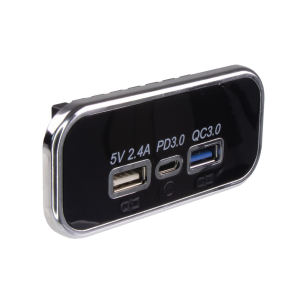 Nabíječka 12V / 24V - USB 2.4A + QC3.0 + USB-C PD zásuvka / montáž do otvoru / chromový rámeček