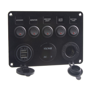 Multipřepínač 12V / 24V - 5x kolébkový spínač / CL zásuvka / voltmetr / 2x USB zásuvka