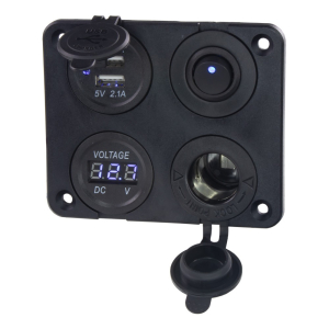 Panel 12V / 24V - 1x kolískový spínač / voltmeter / 2x USB zásuvka/ CL zásuvka