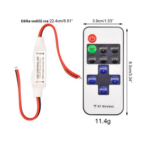 Rozměry dálkového ovládání k LED žárovkám a páskům