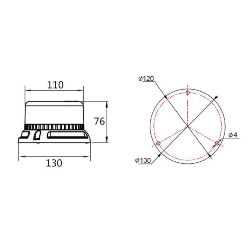 Rozměry profesionálního 36W modrého 12-4V LED majáku 133x76mm, ECE R65