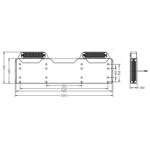 Rozměry 4 modrých LED predátorů pod SPZ 12-24V, ECER65