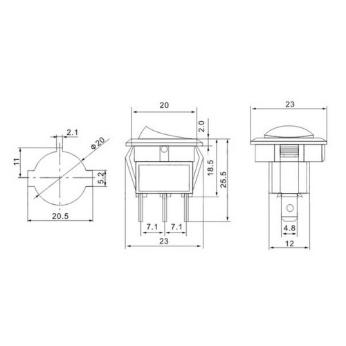Rozmery kolískového 12V/20A spínača s červenou LED kontrolkou