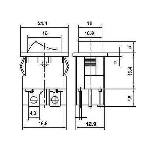 Rozmery hranatého kolískového spínača 10A/250VAC, 16A/250VAC
