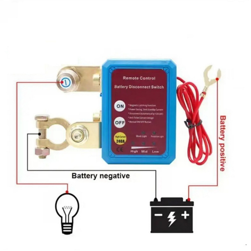 Zapojenie relé na spínanie a odpájanie batérie 12-24V/240A s diaľkovým ovládačom