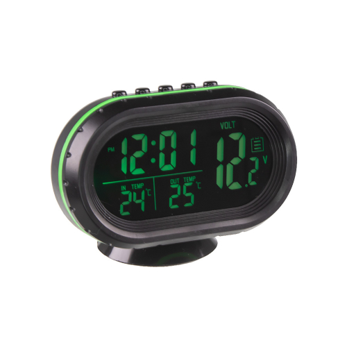 Podsvietenie digitálneho teplomera s meraním vnútornej a vonkajšej teploty, hodinami a voltmetrom