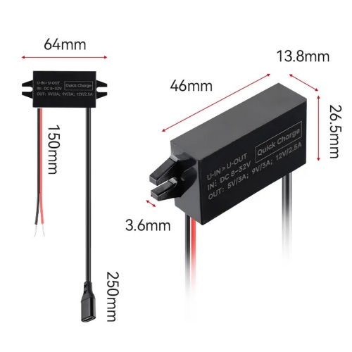 Rozmery meniča napätia 12V / 24V - 3A USB-C QC3.0
