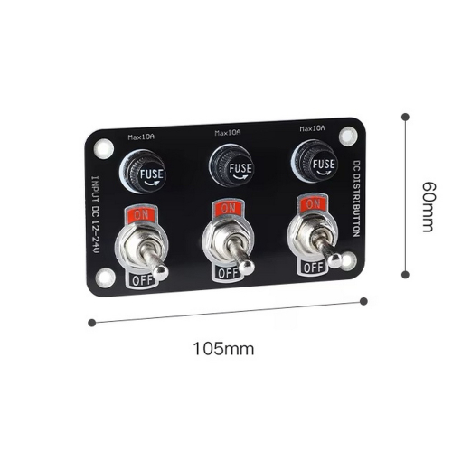 Rozmery multiprepínača 12-24V s 3x páčkovým spínačom a troma poistkami