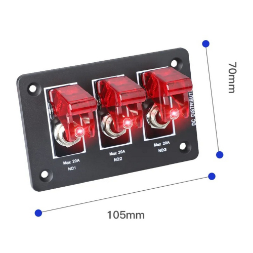 Rozmery 12/24V multiprepínača s 3 podsvietenými spínačmi a ochrannými krytkami