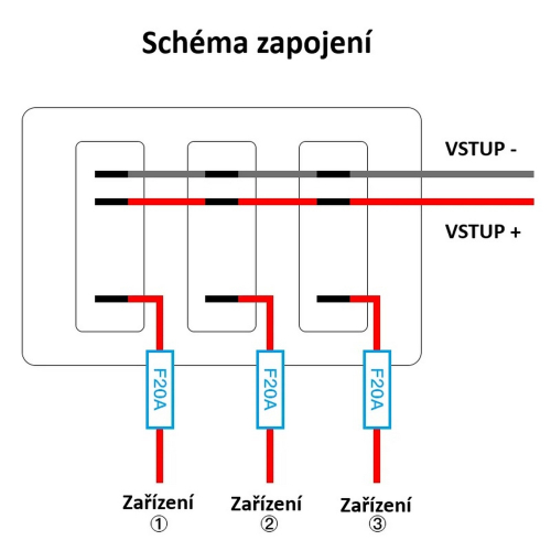 Zapojenie 12/24V multiprepínača s 3 podsvietenými spínačmi a ochrannými krytkami