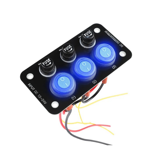 12/24V multiprepínač s 3 podsvietenými vodeodolnými spínačmi a 3 poistkami