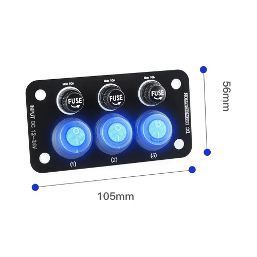 Rozmery 12/24V multiprepínača s 3 podsvietenými vodeodolnými spínačmi a 3 poistkami