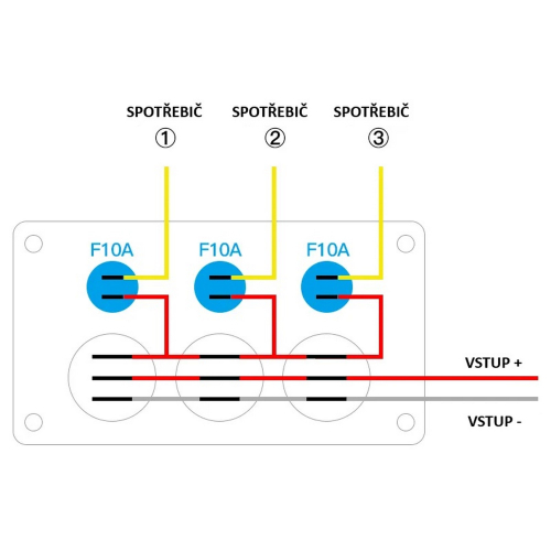 Zapojenie 12/24V multiprepínača s 3 podsvietenými vodeodolnými spínačmi a 3 poistkami