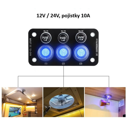 Použitie 12/24V multiprepínača s 3 podsvietenými vodeodolnými spínačmi a 3 poistkami