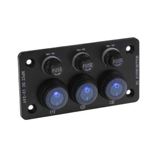 Panel s 3x spínačmi + 3x poistky, 12/24V