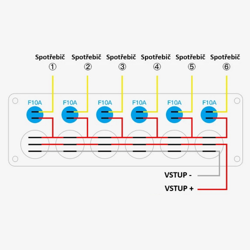 Zapojenie 12/24V multiprepínača so 6 podsvietenými vodeodolnými spínačmi a 6 poistkami