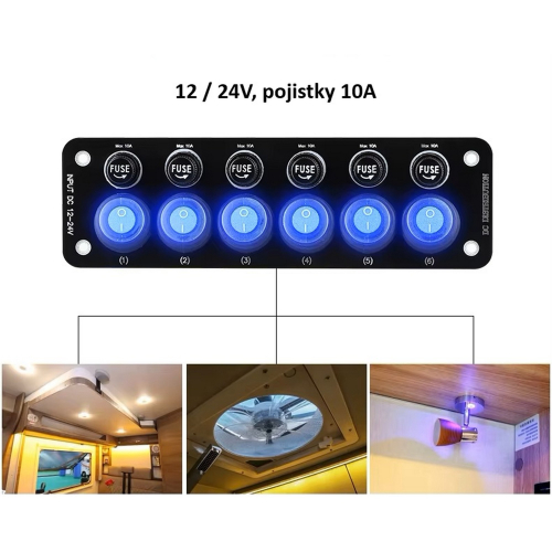 Použitie 12/24V multiprepínača so 6 podsvietenými vodeodolnými spínačmi a 6 poistkami
