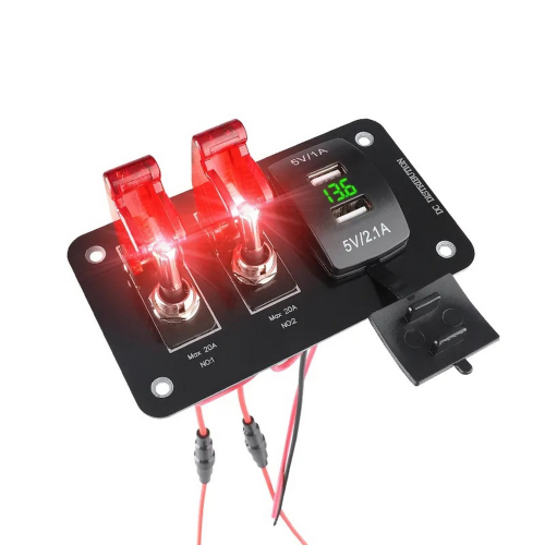 12/24V multiprepínač s 2 podsvietenými spínačmi a dvojitou USB nabíjačkou