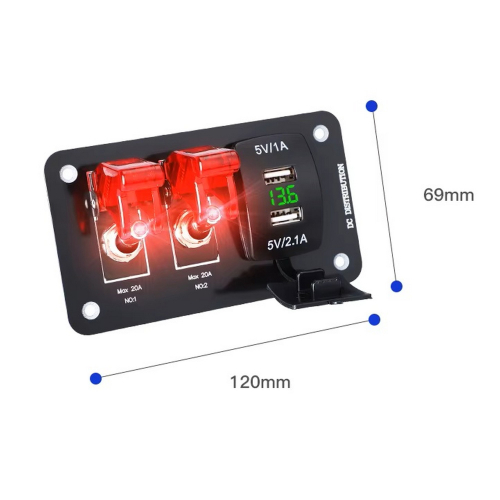 Rozmery 12/24V multiprepínača s 2 podsvietenými spínačmi a dvojitou USB nabíjačkou