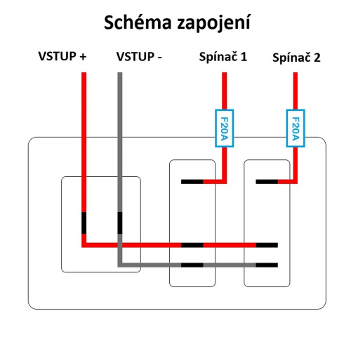 Zapojenie 12/24V multiprepínača s 2 podsvietenými spínačmi a dvojitou USB nabíjačkou