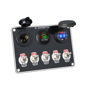 Multiprepínač 12V / 24V - 5x páčkový spínač / CL zásuvka / 2x USB zásuvka / voltmeter